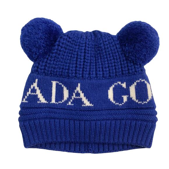 NWOT CANADA GOOSE Hat Beanie Kids O/S ITALY Wool Double/2-PomPom Blue Logo Lined - Picture 1 of 8